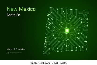 New Mexico Map with a capital of Santa Fe Shown in a Microchip Pattern. E-government. United States vector maps. Microchip Series	