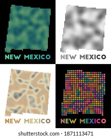 New Mexico map. Collection of maps of New Mexico in a dotted style. Borders of the US state filled with rectangles for your design. Vector illustration.