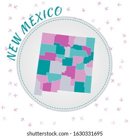 New Mexico map design. Map of the us state with regions in emerald-amethyst color palette. Rounded travel to New Mexico poster with us state name and airplanes background.
