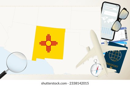 Mapa y bandera de Nuevo México, avión de carga en el mapa detallado de Nuevo México con bandera, pasaporte, lupa y avión. Plantilla de vectores.