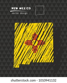 New Mexico map with flag inside on the black background. Chalk sketch vector illustration