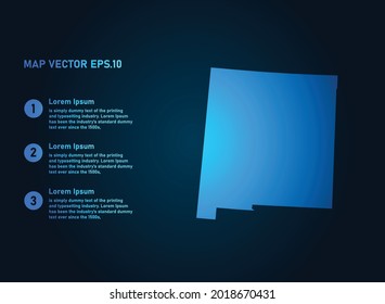 NEW MEXICO map, infographic style , on dark background with Map World. Wire frame 3D mesh , map 3D,