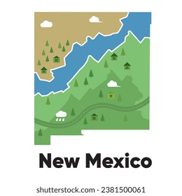 Nuevo mapa de méxico forma Estados Unidos estilo de caricatura dibujado a mano de bosque verde con árboles terreno de viaje 