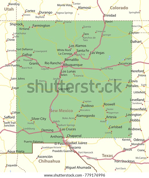 New Mexico Map Shows State Borders Stockvektor (royaltyfri) 779176996
