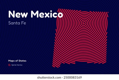 New Mexico Map in Spiral Formation: Santa Fe Takes Center Stage. Fingerprint and stripes pattern. American states maps