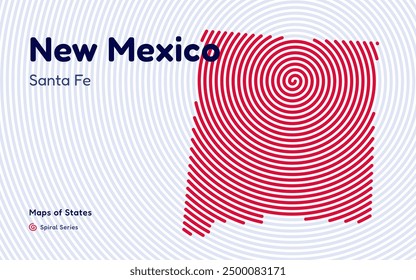 New Mexico Map in Spiral Formation: Santa Fe Takes Center Stage. Fingerprint and stripes pattern. American states maps