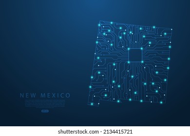 New Mexico Map - United States of America Map vector with Abstract futuristic circuit board. High-tech technology mash line and point scales on dark background - Vector illustration ep 10 