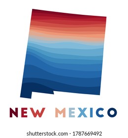Mapa de Nuevo México. Mapa del estado de estados unidos con bellas olas geométricas en colores azul rojo. Forma Nueva México Vivid. Ilustración vectorial.