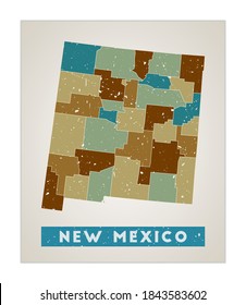 New Mexico map. US state poster with regions. Old grunge texture. Shape of New Mexico with US state name. Awesome vector illustration.