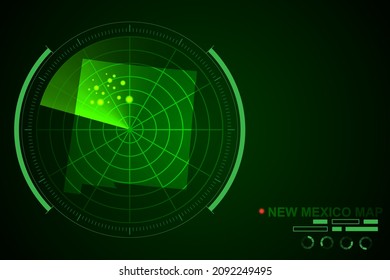New Mexico Map - USA, United States of America Map vector template with futuristic circle radar style HUD, GUI, UI interface isolated on dark green background - Vector illustration eps 10