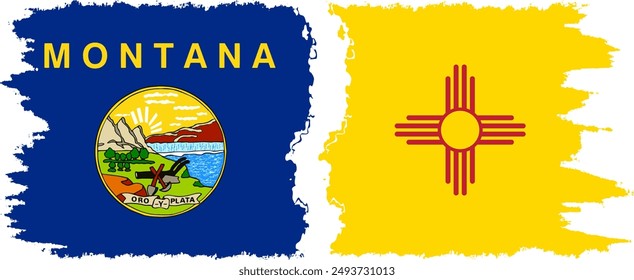 New Mexico and Montana states grunge brush flags connection, vector