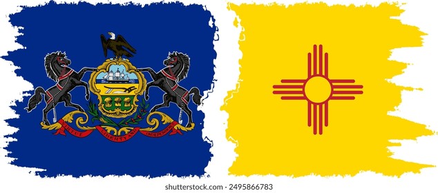 New Mexico and Pennsylvania states grunge brush flags connection, vector
