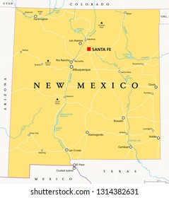 New Mexico, political map, with capital Santa Fe, borders, important cities, rivers and lakes. State in the Southwestern region of United States of America. English labeling. Illustration. Vector.