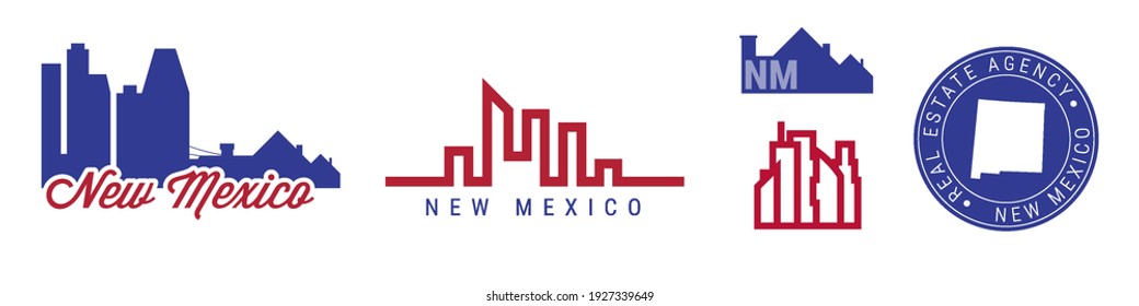 New Mexico real estate agency. US realty emblem icon set. Flat vector illustration. American flag colors. Big city and suburbs. Simple silhouette map in the round seal stamp.