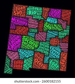 New Mexico Regions Word Cloud. Bright typographic style design on a dark background. New Mexico region names tag clouds in a boundary shape. Stylish vector illustration.
