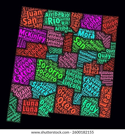 New Mexico Regions Word Cloud. Bright typographic style design on a dark background. New Mexico region names tag clouds in a boundary shape. Stylish vector illustration.