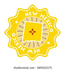 New Mexico round grunge stamp with us state map and state flag. Vintage badge with circular text and stars, vector illustration.