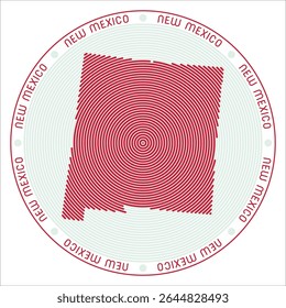 New Mexico round logo design. State shape built of rings. New Mexico text around the state. Vector illustration.