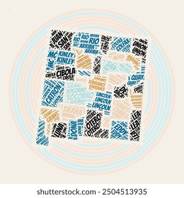 New Mexico Rundposter. Typografie-Stil Bild des Staates. Counties Wolken von New Mexico. Vintage-Bilddesign mit Kratztextur.