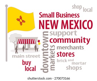 New Mexico Small Business, gold with red Zia symbol New Mexico state flag of the United States of America, word cloud, shop at local, community, neighborhood, main street businesses. EPS8 compatible.