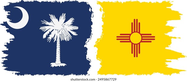 New Mexico and South Carolina states grunge brush flags connection, vector