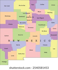 Verwaltungskarte des Bundesstaates New Mexico mit Bezirken. Farbig. Vektorgrafik. Helle Farben