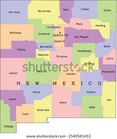 New Mexico state administrative map with counties. Colored. Vectored. Bright colors