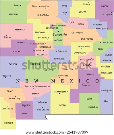 New Mexico state administrative map with counties and seats. Colored. Vectored. Bright colors