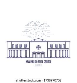 New Mexico State Capitol located in Santa Fe. The state capitol building and government of U.S. state New Mexico. The great example of  Territorial Revival style. City sight linear vector logo