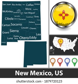 New Mexico state with counties and location on American map. Vector image