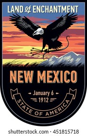 New Mexico state emblem, eagle, sunset on a dark background