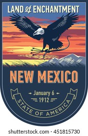 New Mexico state emblem, eagle, sunset on a blue background