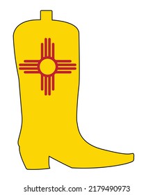 The New Mexico state flag set into a typical cowboy boot outline isolated om a white background