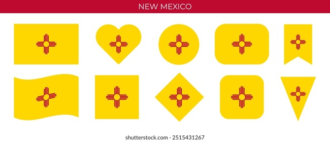 New Mexico state flag set. American state flag of different shapes. Vector illustration isolated on white background