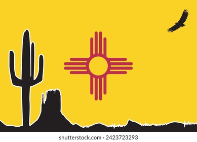 New Mexico state lflag set with a desert silhouette on the bottom