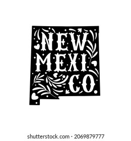 New Mexico state map with doodle decorative ornaments. For printing on souvenirs and T-shirts