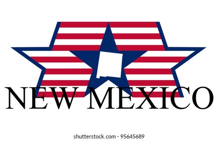 New Mexico state map, flag, and name.