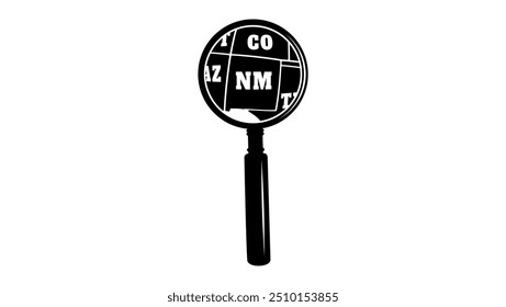 NEW MEXICO state map in magnifying glass, black isolated silhouette