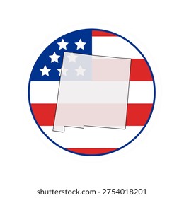 New Mexico state map over USA flag badge. New Mexico state map silhouette overlaid with the United States flag.