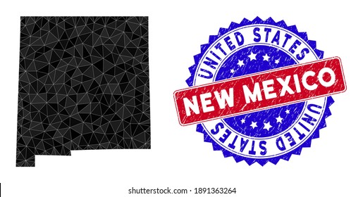 New Mexico State map polygonal mesh with filled triangles, and rubber bicolor stamp print. Triangle mosaic New Mexico State map with mesh vector model, triangles have variable sizes, and positions,