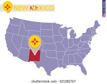 New Mexico State on USA Map. New Mexico flag and map. US States.