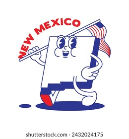 New Mexico State retro mascot with hand and foot clip art. USA Map Retro cartoon stickers with funny comic characters and gloved hands. Vector template for website, design, cover, infographics.