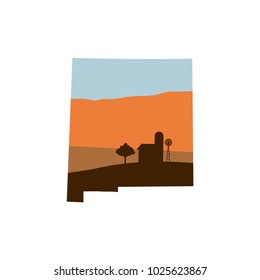 New Mexico State Shape w Farm at Sunset with Windmill, Barn, and a Tree