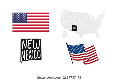 New Mexico State. USA flag. Map of the USA