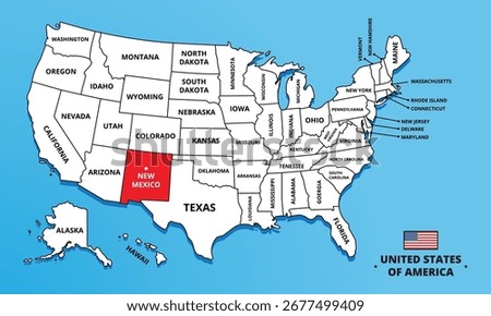 New Mexico State, USA. Highlighted map on New Mexico. Editable blank vector map of USA