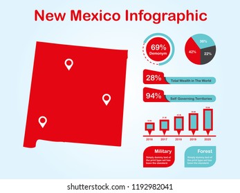 New Mexico State (USA) Map with Set of Infographic Elements in Red Color in Light Background. Modern Information Graphics Element for your design.