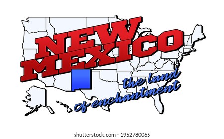 nuevo estado de méxico. Ilustración vectorial con el nuevo estado méxico de EE.UU. en el mapa americano con letras. Tarjeta de felicitación turística aislada en blanco