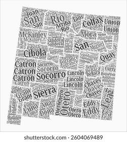 New Mexico Text Style Counties. State region names word clouds in English language. Artistic vector illustration.