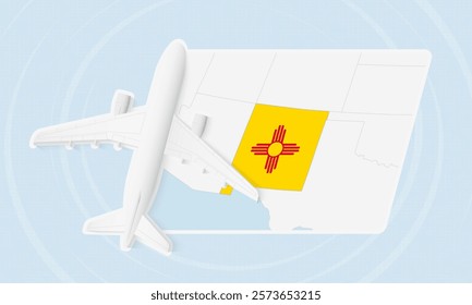 New Mexico Travel Illustration with Plane and National Flag. Ideal for travel agencies, promotional materials, or geographic content related to New Mexico.