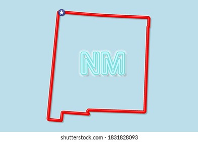 New Mexico US state bold outline map. Glossy red border with soft shadow. Two letter state abbreviation. Vector illustration.